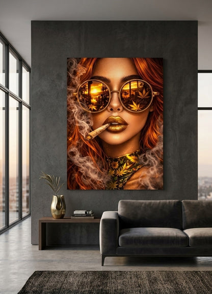 Portrait femme accroché dans salon moderne coloré, décoration murale pop art avec ambiance chaleureuse et lumineuse effet sunset
