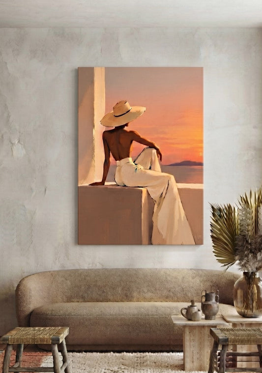 Tableau femme contemporain exposé dans un salon lumineux aux tons naturels, décoration minimaliste chic
