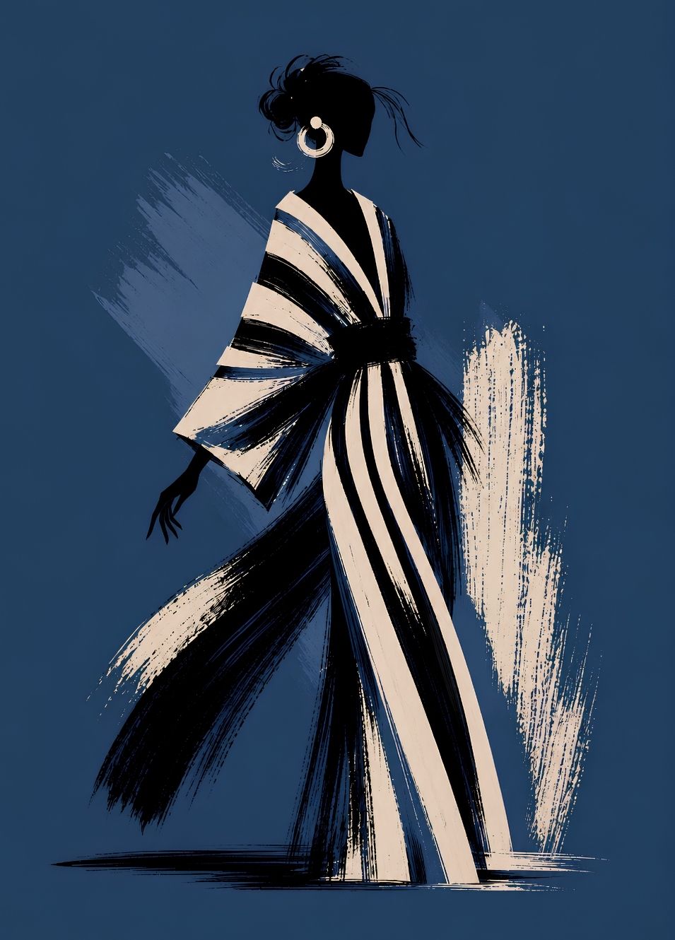 Tableau femme contemporain représentant une silhouette élégante inspirée de la haute couture sur fond bleu nuit
