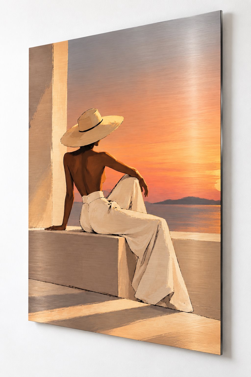Tableau figuratif féminin sur aluminium brossé, silhouette élégante et paysage marin au soleil couchant
