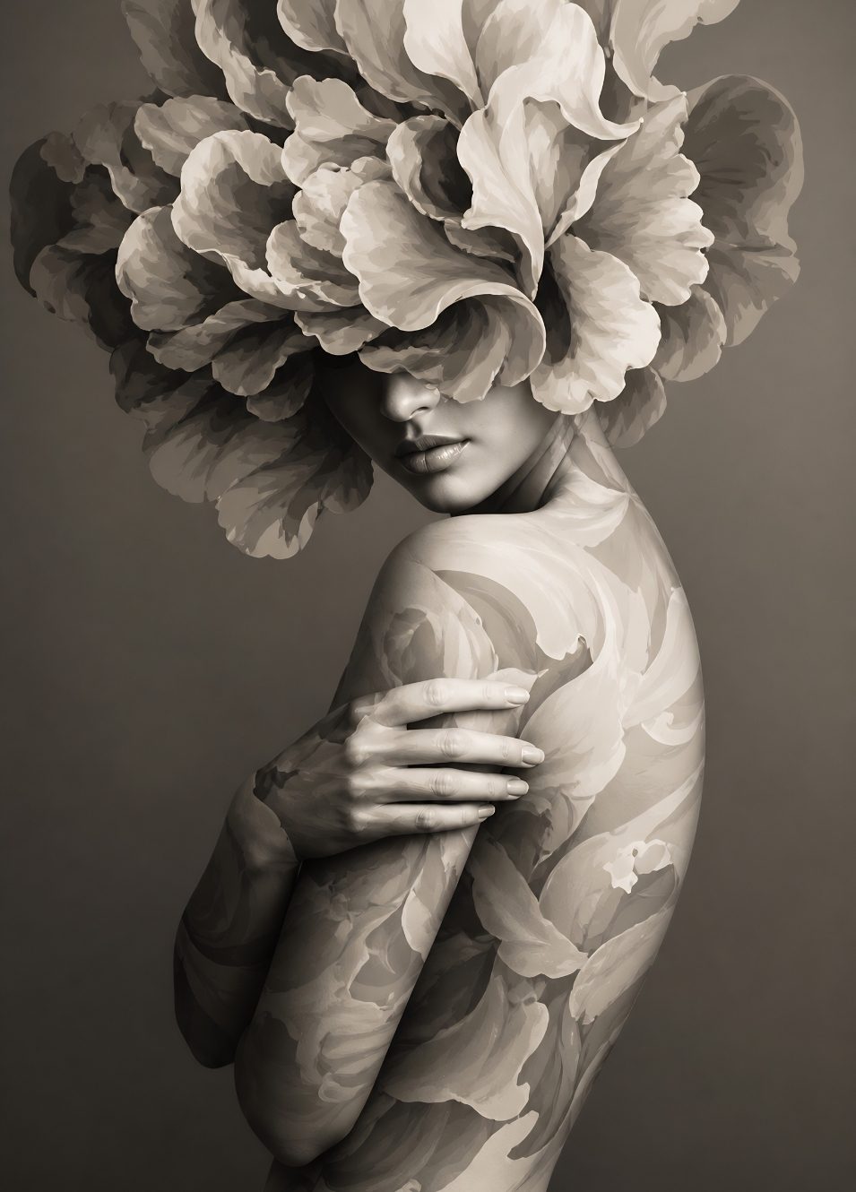 Tableau femme noir et blanc avec fleurs artistiques et portrait contemporain élégant
