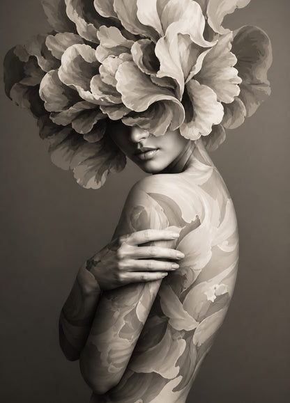 Tableau femme noir et blanc avec fleurs artistiques et portrait contemporain élégant
