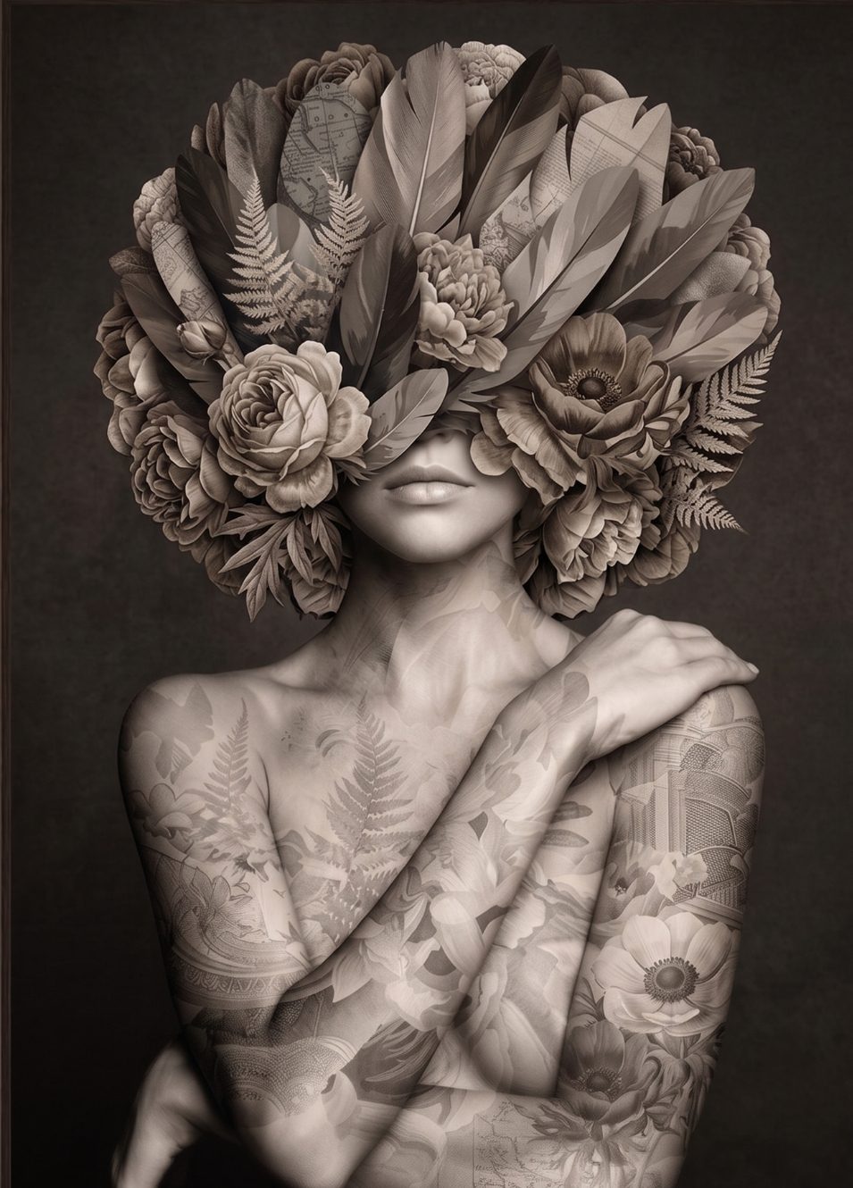 Tableau femme fleurs vintage avec portrait monochrome élégant et composition florale
