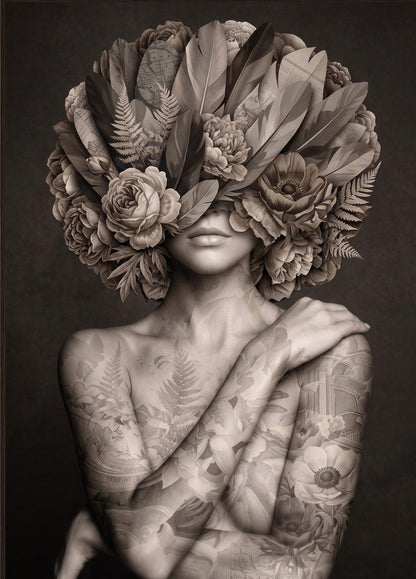 Tableau femme fleurs vintage avec portrait monochrome élégant et composition florale
