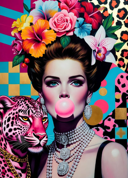 Tableau portrait femme glamour avec léopard rose et fleurs tropicales style pop art chic
