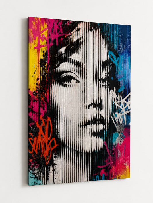 Tableau femme moderne avec style graffiti urbain et ambiance arty colorée
