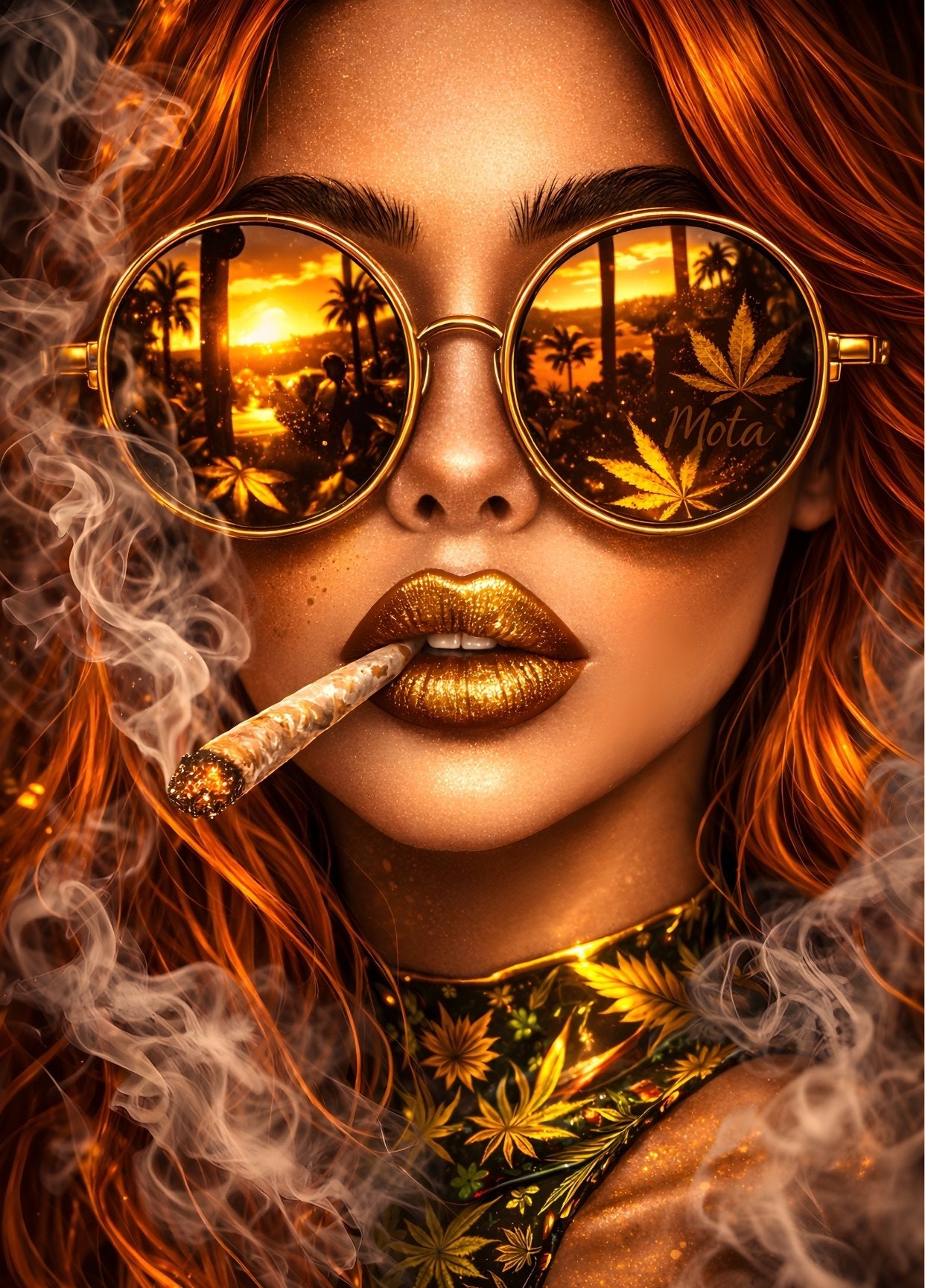 Portrait femme lunettes soleil reflets coucher de soleil tropical, lèvres dorées brillantes, style pop art moderne lumineux, décoration murale tendance
