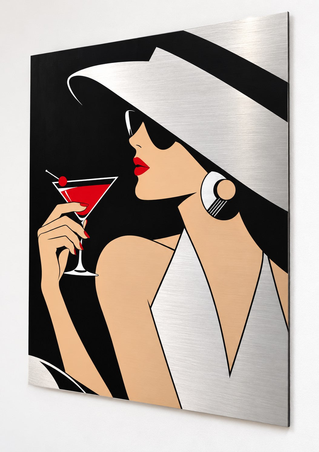 Tableau femme moderne Velvet Martini imprimé sur aluminium brossé, aux contrastes noir, blanc et rouge
