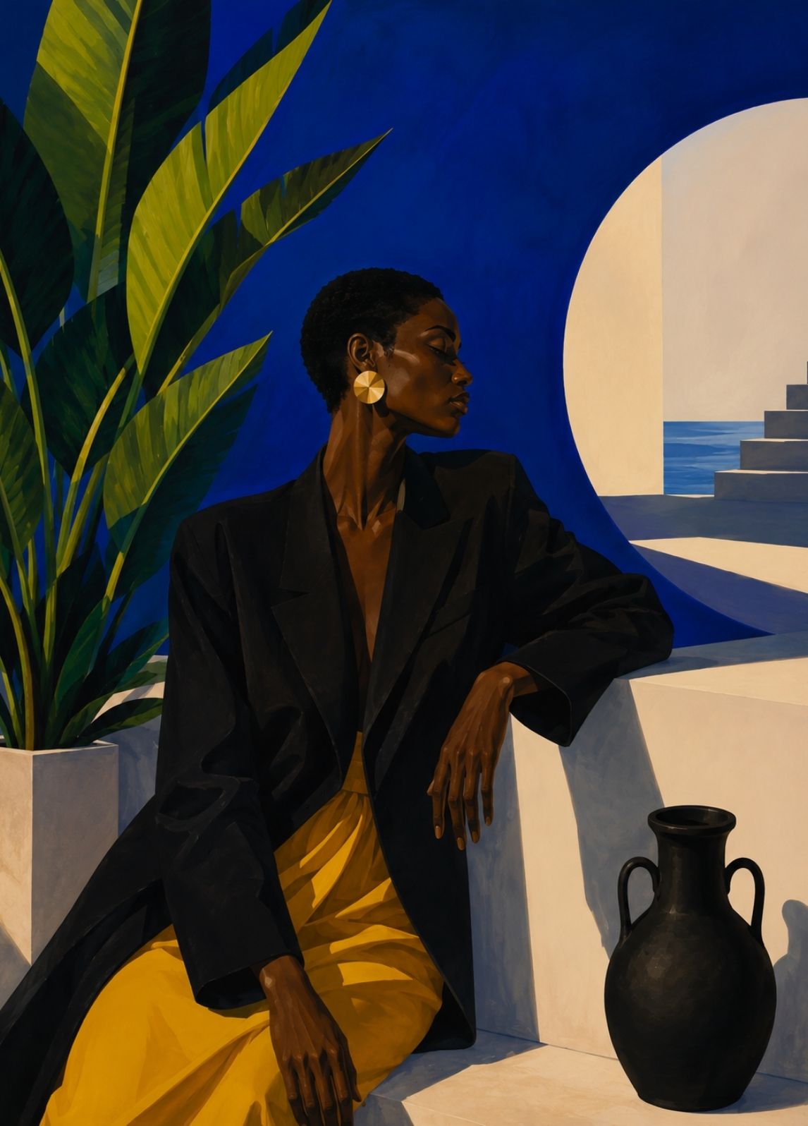 Femme élégante en veste noire et jupe ocre dans un décor architectural bleu cobalt avec vue sur la mer
