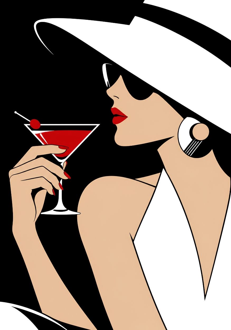 Tableau femme moderne au cocktail, grand chapeau blanc et touches rouges sur fond noir
