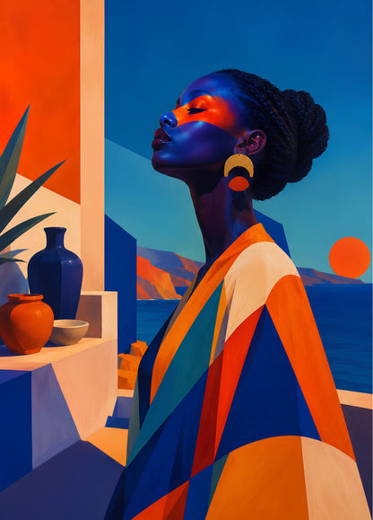 Tableau femme moderne face à la mer méditerranéenne
