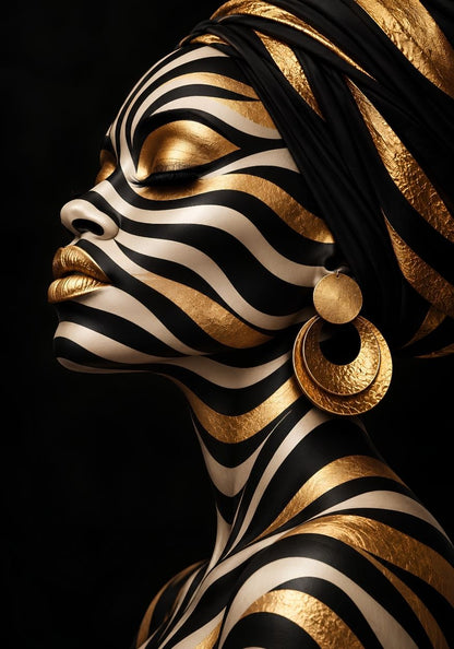 Tableau femme moderne Zébra Gold, portrait de profil aux rayures noires et dorées, turban et bijoux or
