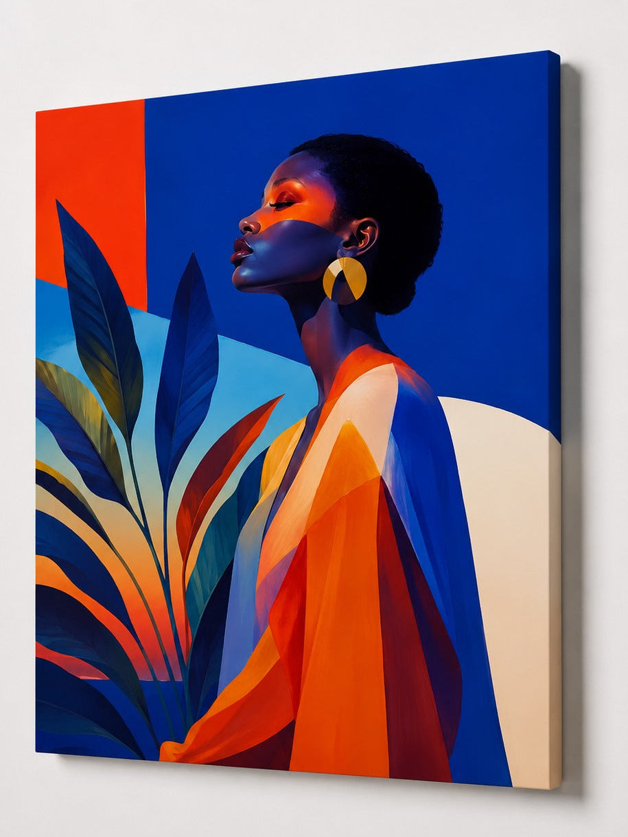 Portrait de femme moderne aux lignes graphiques et couleurs éclatantes.
