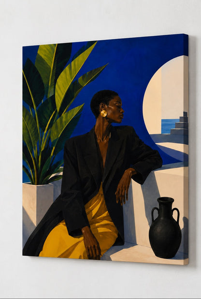 Profil du tableau femme moderne bleu cobalt imprimé sur toile montée sur châssis bois avec finition soignée
