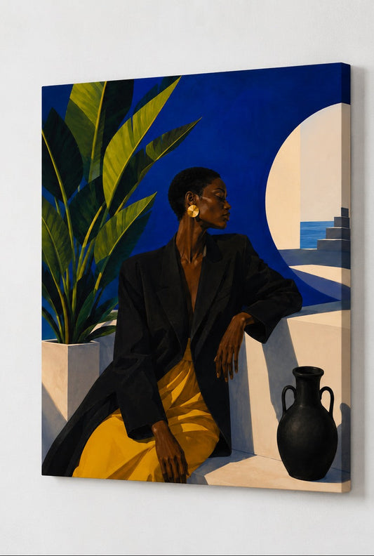 Profil du tableau femme moderne bleu cobalt imprimé sur toile montée sur châssis bois avec finition soignée
