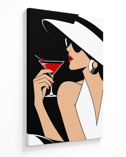 Tableau femme moderne Velvet Martini imprimé sur toile, vue de profil du châssis entoilé

