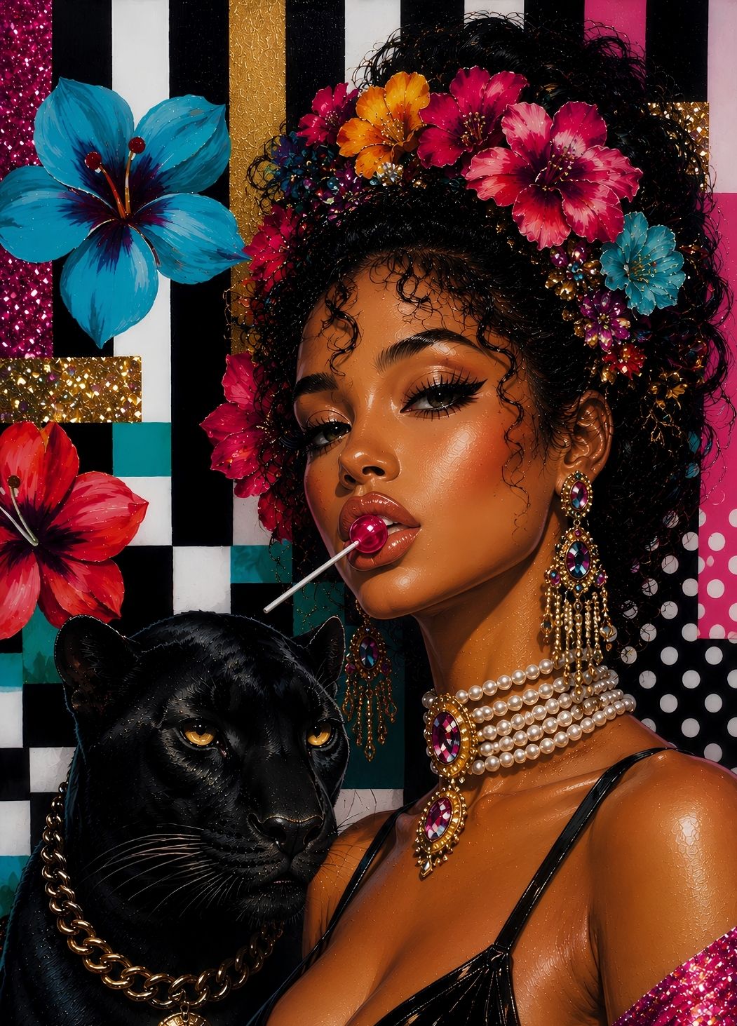 Tableau portrait femme glamour avec panthère noire et fleurs colorées style pop art chic
