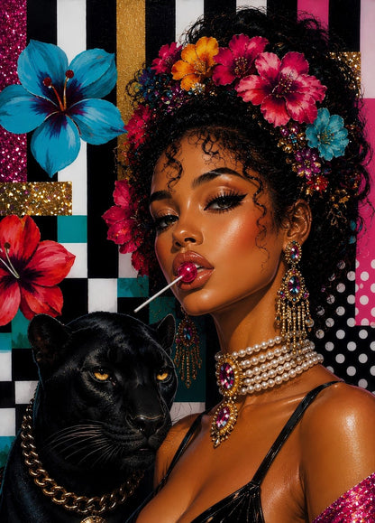 Tableau portrait femme glamour avec panthère noire et fleurs colorées style pop art chic
