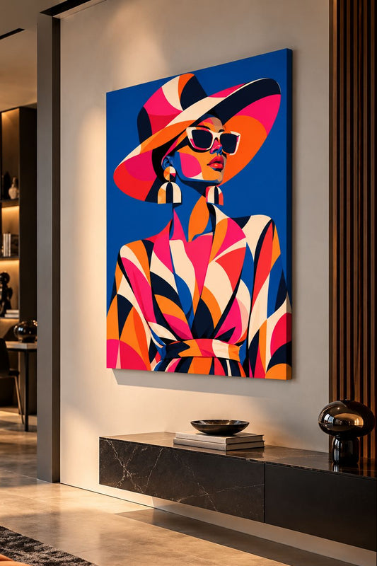 Tableau portrait féminin contemporain Colorée d'Audace exposé dans un salon chic et moderne
