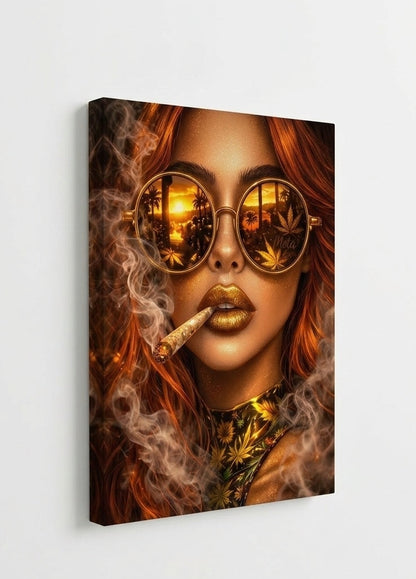 Vue de profil toile portrait femme pop art sur châssis bois, détails des couleurs dorées intenses et des effets lumineux
