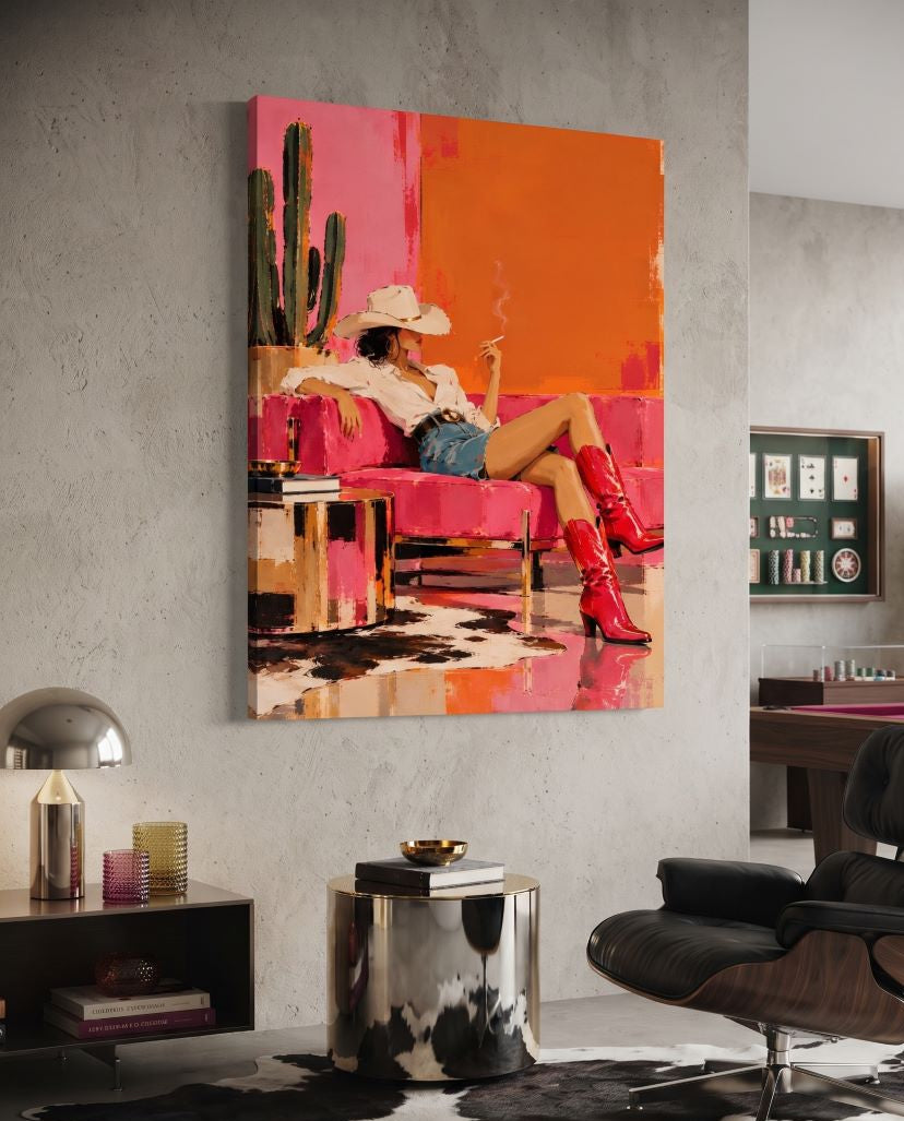 Tableau cowgirl contemporain Cowgirl Attitude dans un salon tendance, décoration rose et orange
