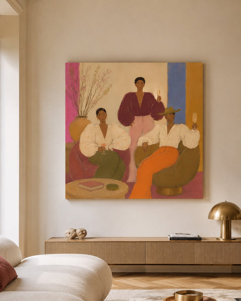 Tableau de figuration contemporaine After Hours présenté dans un salon moderne
