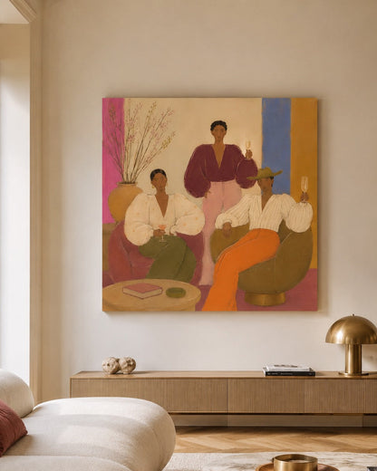 Tableau de figuration contemporaine After Hours présenté dans un salon moderne
