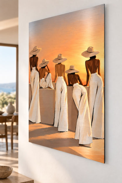 Tableau figuratif de cinq femmes sur aluminium brossé, composition féminine aux nuances ocre et ivoire
