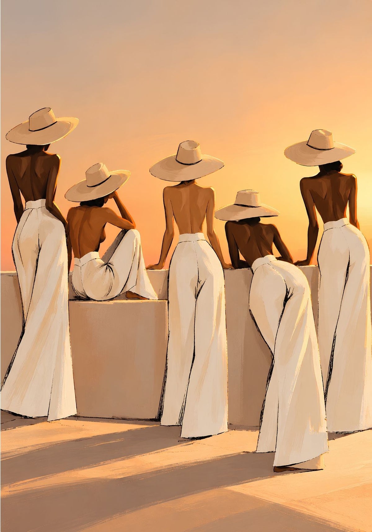 Tableau figuratif contemporain de cinq femmes vues de dos avec chapeaux et pantalons blancs au coucher du soleil
