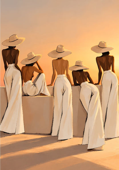 Tableau figuratif contemporain de cinq femmes vues de dos avec chapeaux et pantalons blancs au coucher du soleil
