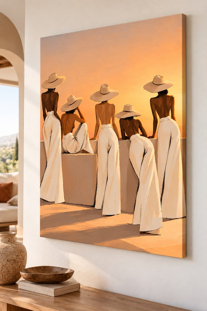 Tableau sur toile représentant cinq silhouettes féminines dans une lumière dorée, peinture figurative minimaliste
