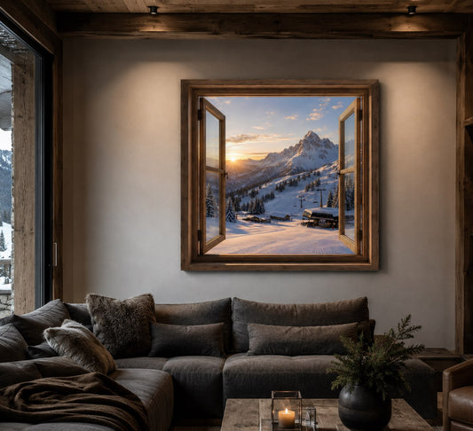 Tableau fenêtre montagne enneigée en trompe l'œil mural
