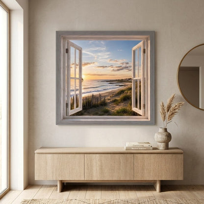 Tableau fenêtre ouverte en trompe l'œil avec vue sur l'océan
