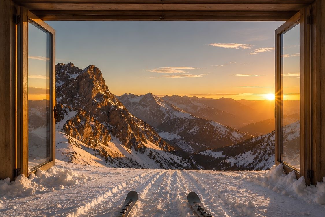 Tableau fenêtre ouverte sur des sommets enneigés au coucher du soleil

