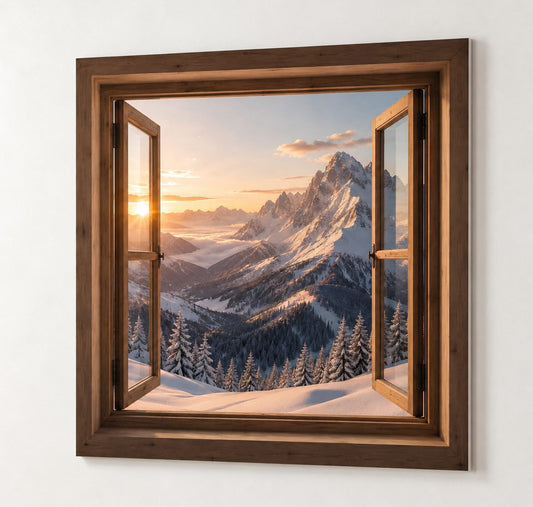 Tableau fenêtre trompe l'œil avec vue panoramique sur la montagne
