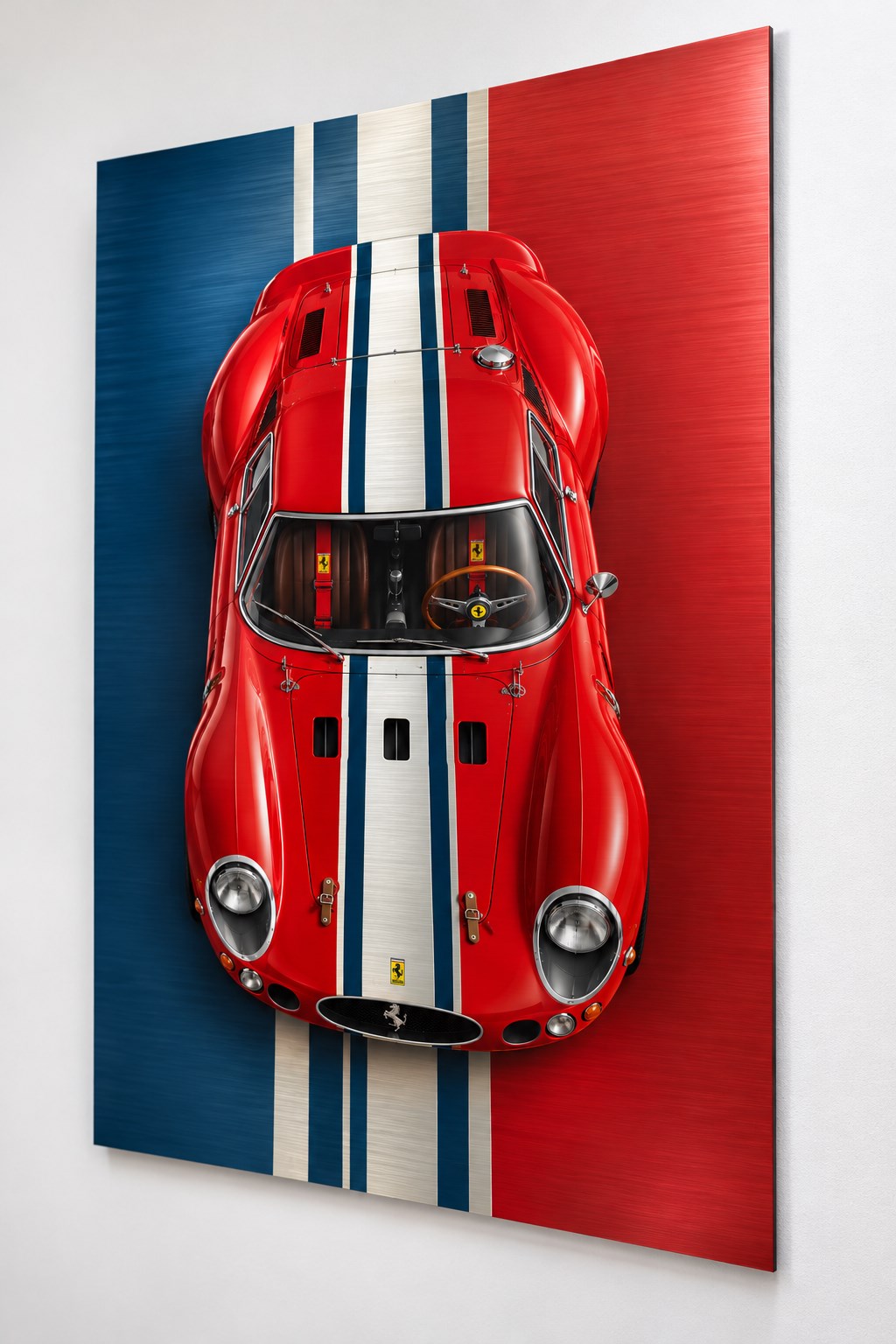 Tableau Ferrari 250 GTO rouge Rosso Legend exposé dans un bureau contemporain, décoration automobile sportive
