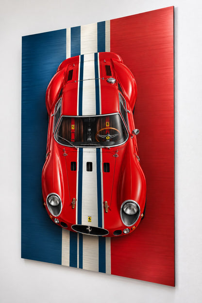 Tableau Ferrari 250 GTO rouge Rosso Legend exposé dans un bureau contemporain, décoration automobile sportive
