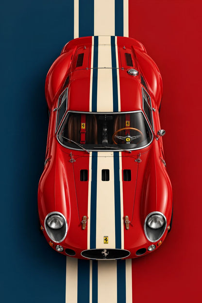 Tableau Ferrari 250 GTO rouge Rosso Legend, voiture de course vintage vue du dessus avec bandes crème et bleu marine
