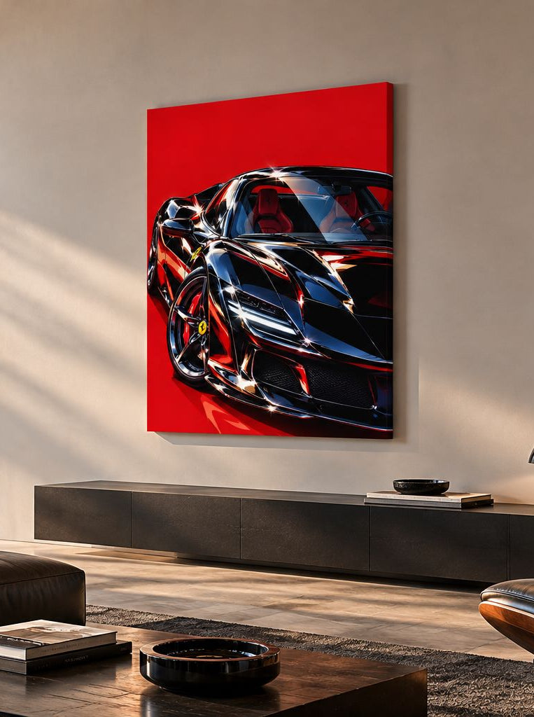 Tableau Ferrari Rosso Impact exposé dans un salon moderne, décoration automobile noire et rouge
