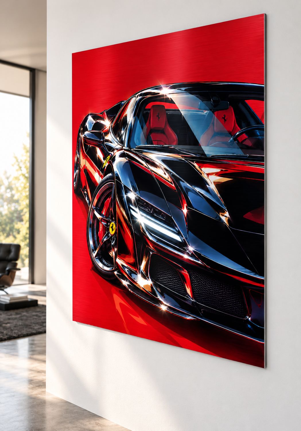 Tableau Ferrari noire et rouge sur aluminium brossé, carrosserie brillante et détails sportifs
