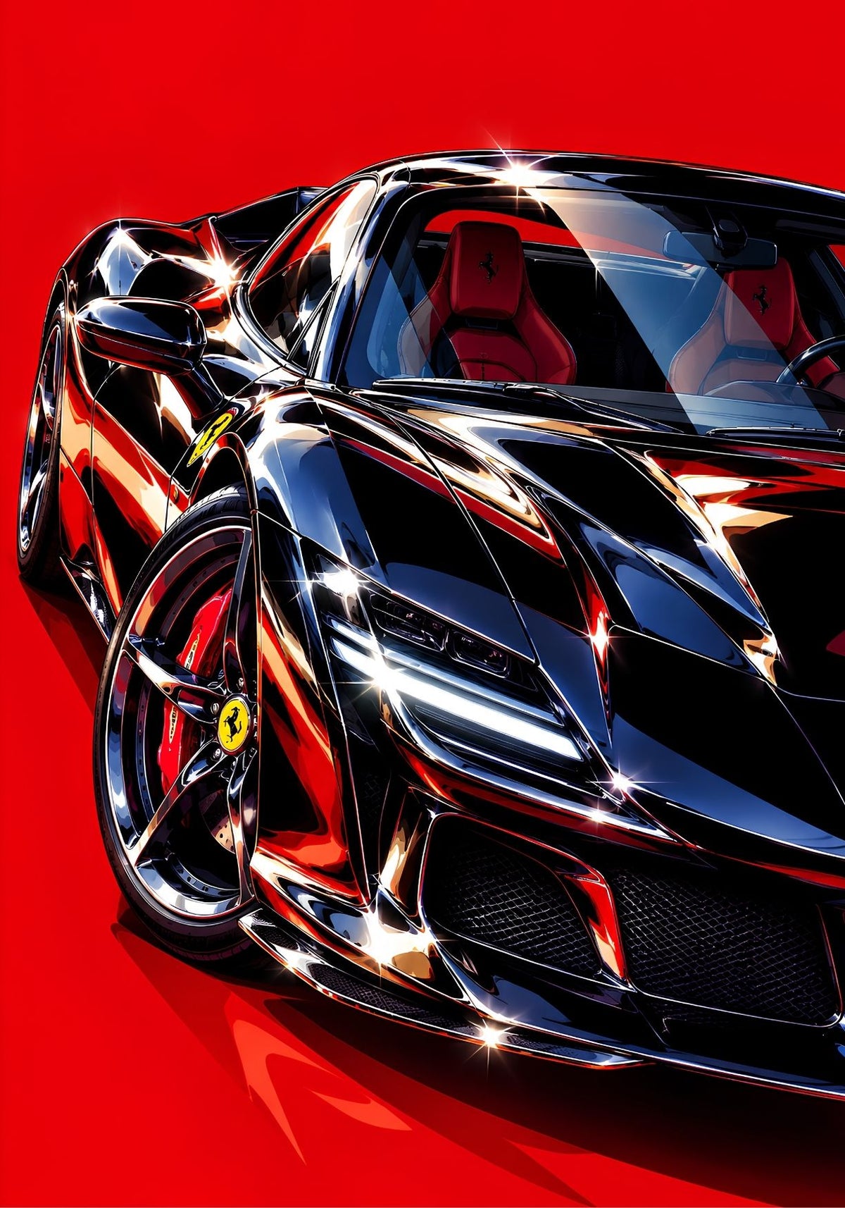 Tableau Ferrari noire et rouge Rosso Impact, supercar moderne vue de trois quarts avant sur fond rouge vif
