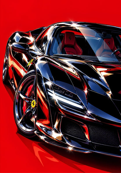 Tableau Ferrari noire et rouge Rosso Impact, supercar moderne vue de trois quarts avant sur fond rouge vif
