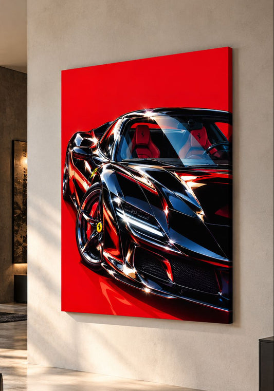 Tableau Ferrari noire sur toile coton tendue sur châssis, voiture sportive aux reflets métalliques
