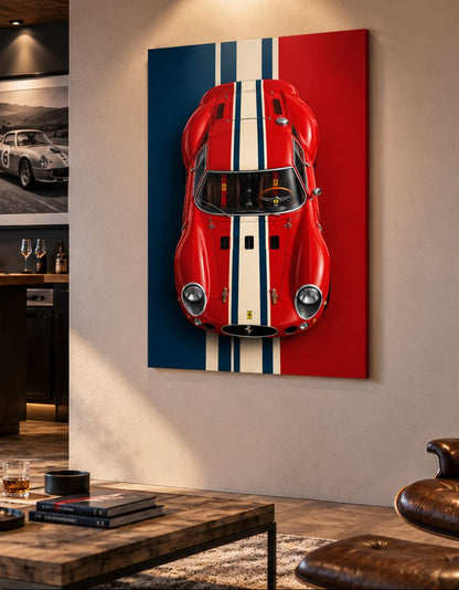 Tableau Ferrari 250 GTO Rosso Legend sur aluminium brossé, carrosserie rouge et bandes graphiques vintage
