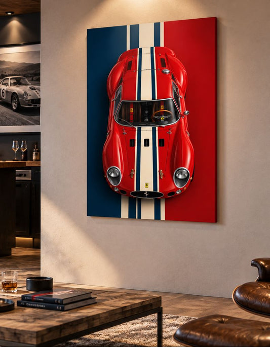 Tableau Ferrari 250 GTO Rosso Legend sur aluminium brossé, carrosserie rouge et bandes graphiques vintage
