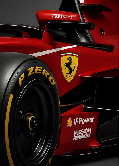 Tableau Ferrari Scuderia montrant les détails d'une monoplace de compétition
