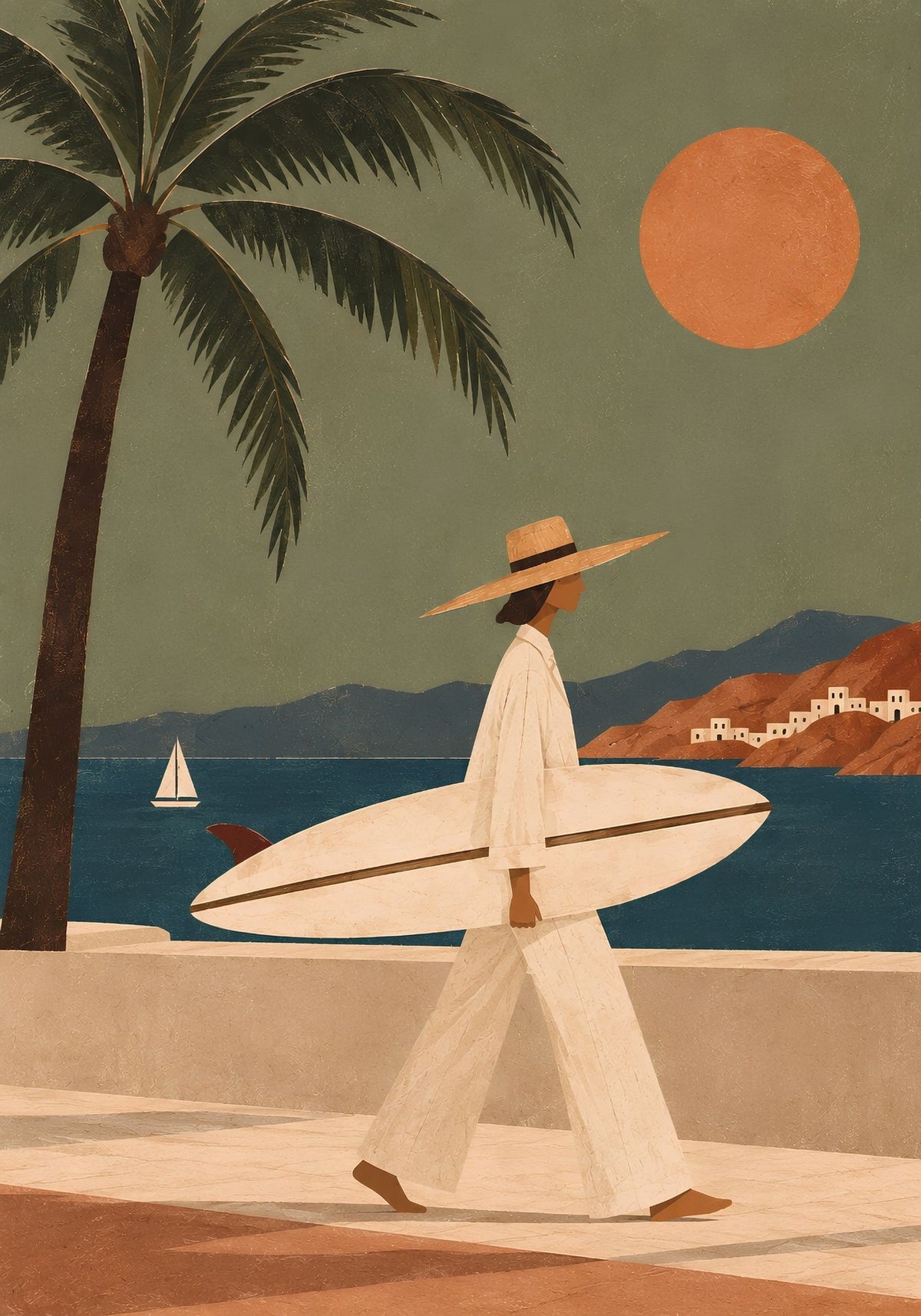 Tableau figuratif bord de mer représentant une surfeuse avec sa planche face à l'océan
