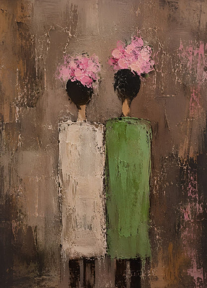 Tableau figuratif contemporain représentant deux silhouettes coiffées d'hortensias roses
