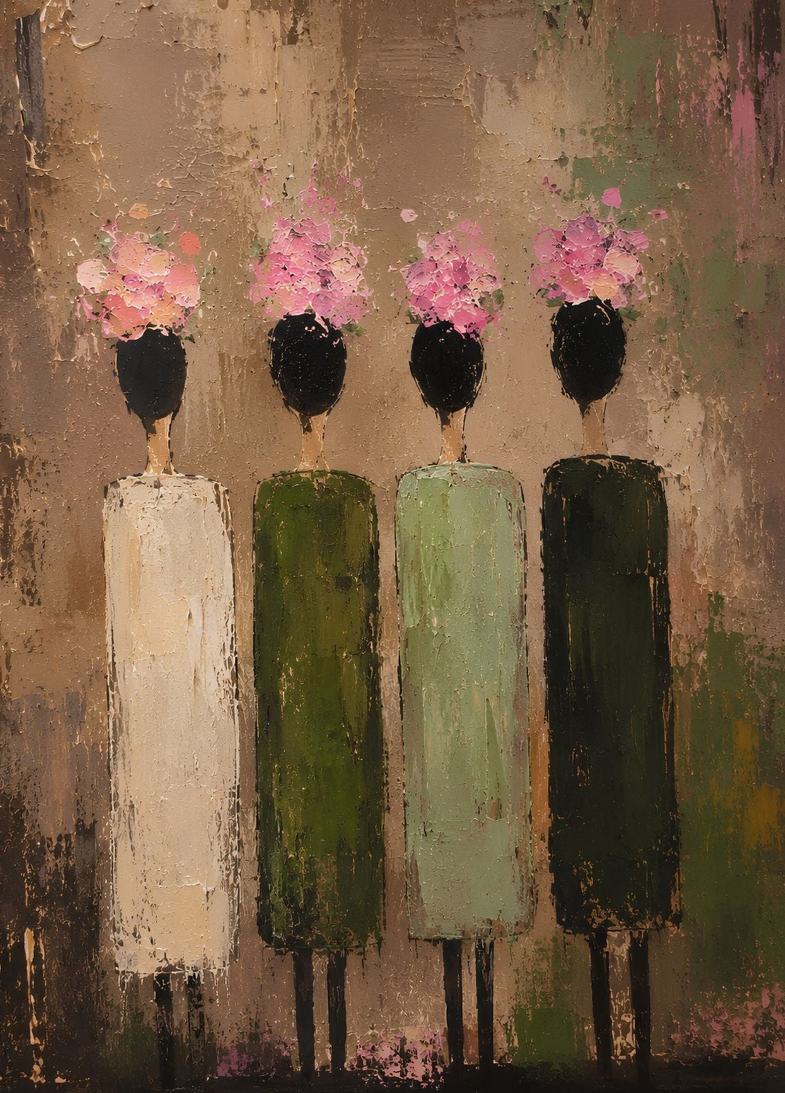 Tableau figuratif contemporain représentant quatre silhouettes avec des bouquets d'hortensias
