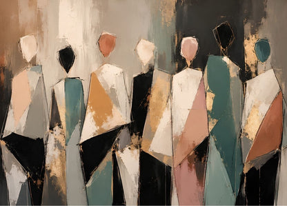 Tableau figuratif contemporain représentant plusieurs silhouettes géométriques modernes dans des tons beige, vert sauge, noir et doré.
